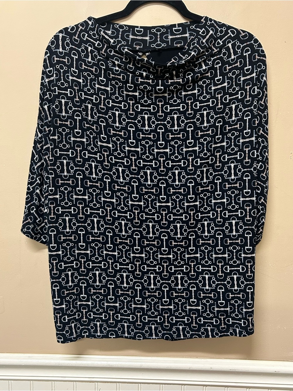 EQL by Kerrits Lexi Cowl Neck Dolman Slees Black Horse Bit Print Top Size Large
